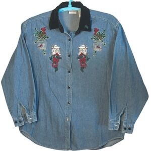 Bobbie Brooks Womens Denim Shirt Christmas Cardinal Embroidery Cottagecore XL